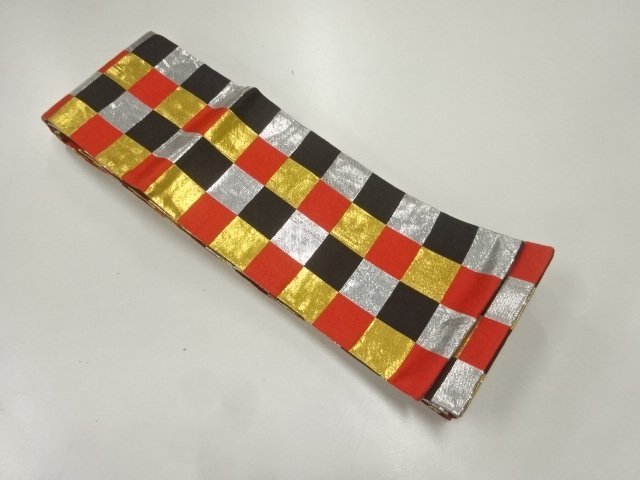 JAPANESE KIMONO / HANHABA OBI FOR DANCE / WOVEN ICHIMATSU PATTERN 